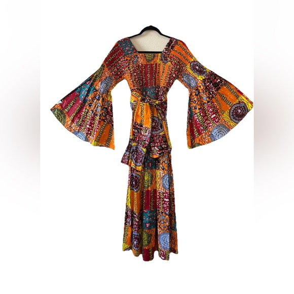 VTG African Star Bohemian Maxi Dress Off The Shoulder Oversized Flared Sleeve OS - Picture 7 of 15